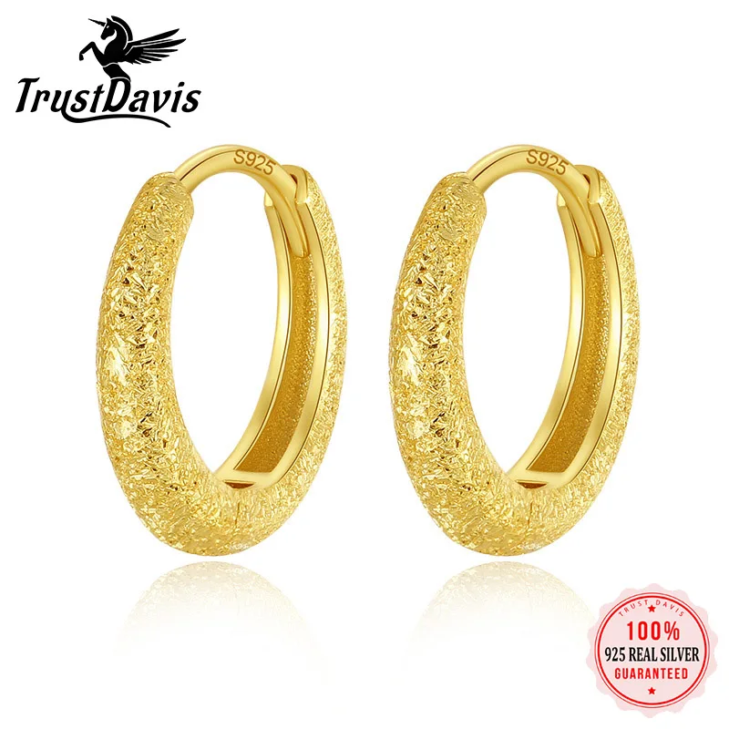 TrustDavis Real 925 Sterling Silver Cute 18K Gold Grind Arenaceous Hoop Earrings For Women Wedding  Birthday Jewelry Gift DG0042