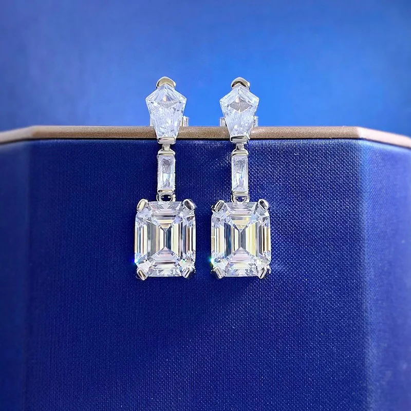 2023 new s925 silver 4ct rectangular pagoda cut 8 * 10 high carbon diamond earrings European and American light luxury