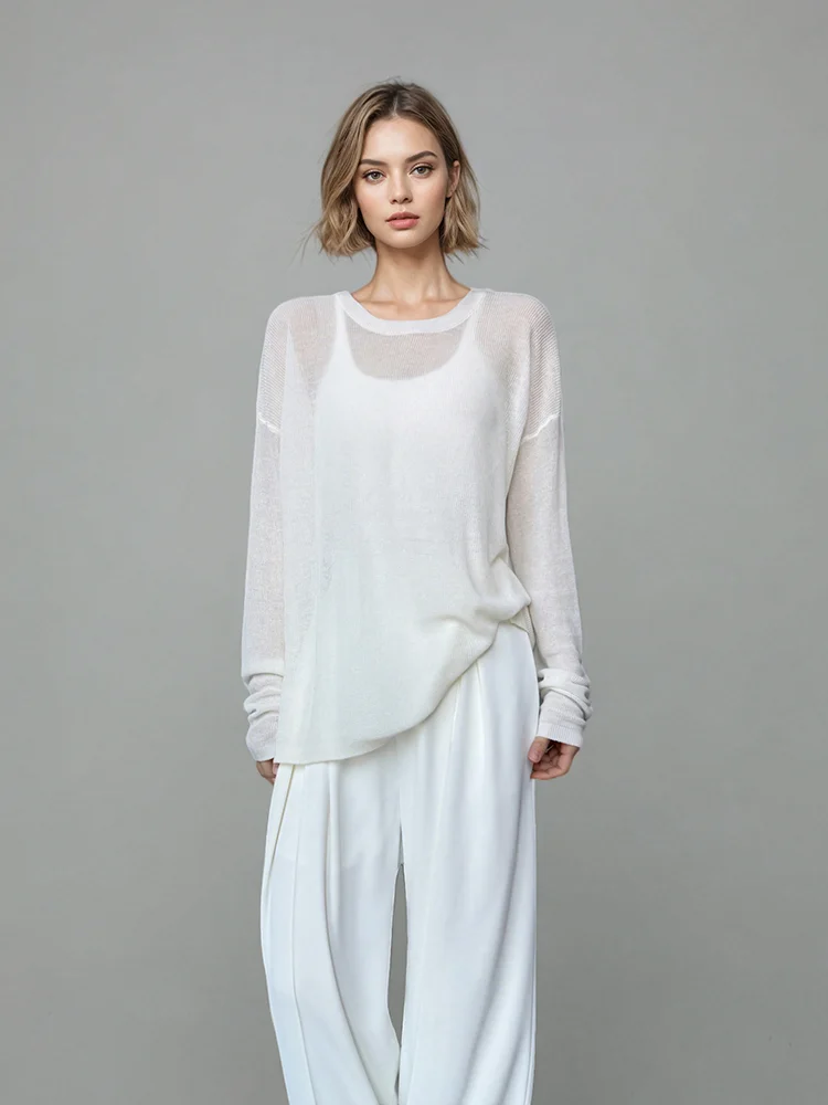 

ANGJIA Весенне-летняя свободная вязаная футболка для женщин, тонкая, свободного кроя, с защитой от солнца, базовый слой, топ-накидка с круглым вырезом и длинным рукавом