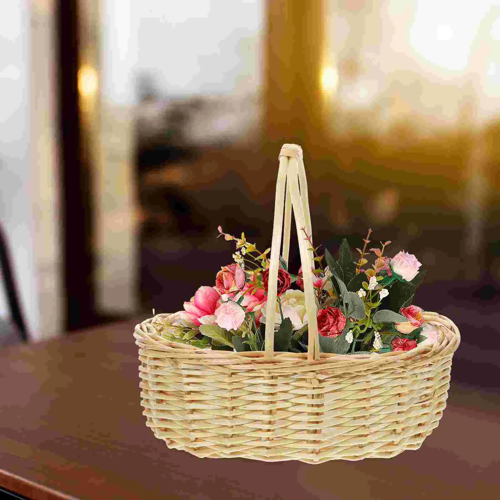 Cestas de almacenamiento de ratán hechas a mano (cesta ovalada para patas de pollo), flor tejida de mimbre para Picnic, boda portátil para niña con asa de viaje