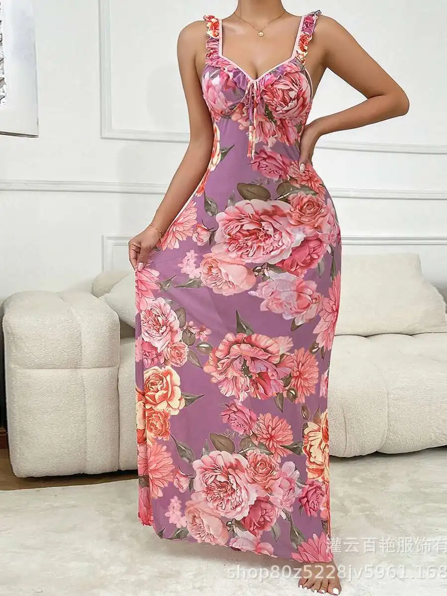 Słodkie długie sukienki Gorące seksowne koreańskie topy damskie 2025 Nowa szata Seksowna sukienka na ramiączkach Elegancka koszula nocna z nadrukiem Nowy różowy kwiat TJY2