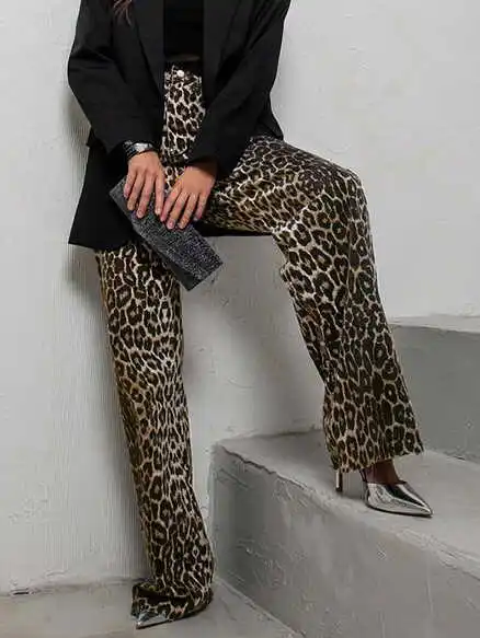 ارتفاع الخصر مستقيم الساق ليوبارد طباعة عارضة السراويل Faion مثير الشارع Sle السراويل الطويلة المرأة عارضة Faion السراويل #2