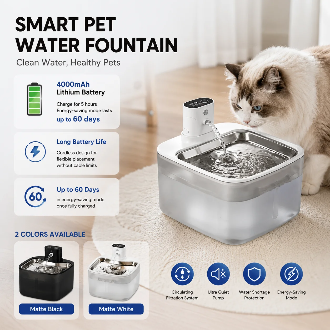 3.2 L Wireless Rechargeable Smart Pet Water Fountain Stainless Steel Dog Auto Water Dispenser Wireless Automatic Cat Fountain