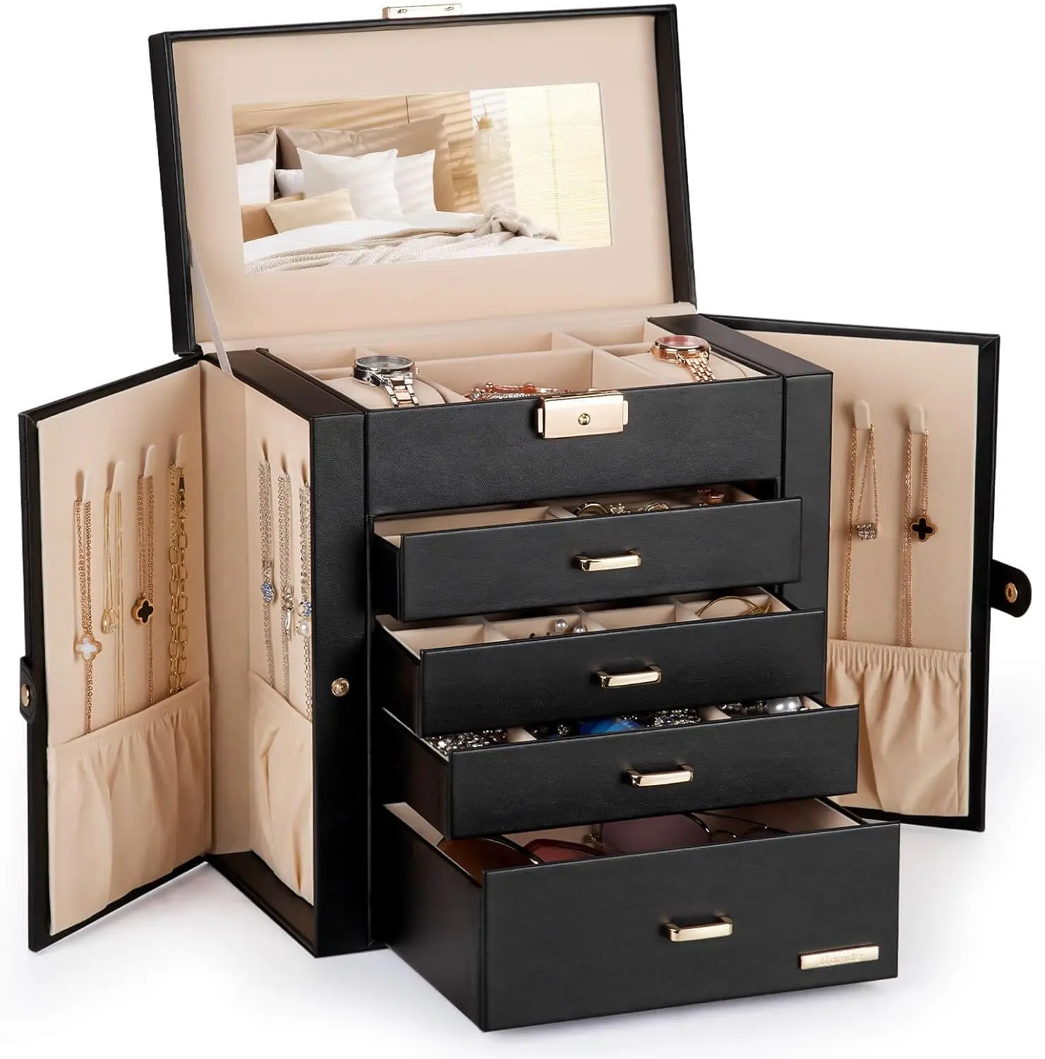 

Большая шкатулка для украшений из искусственной кожи с зеркалом, органайзер для часов, хранения ожерелий, колец и серег, запираемый подарочный футляр