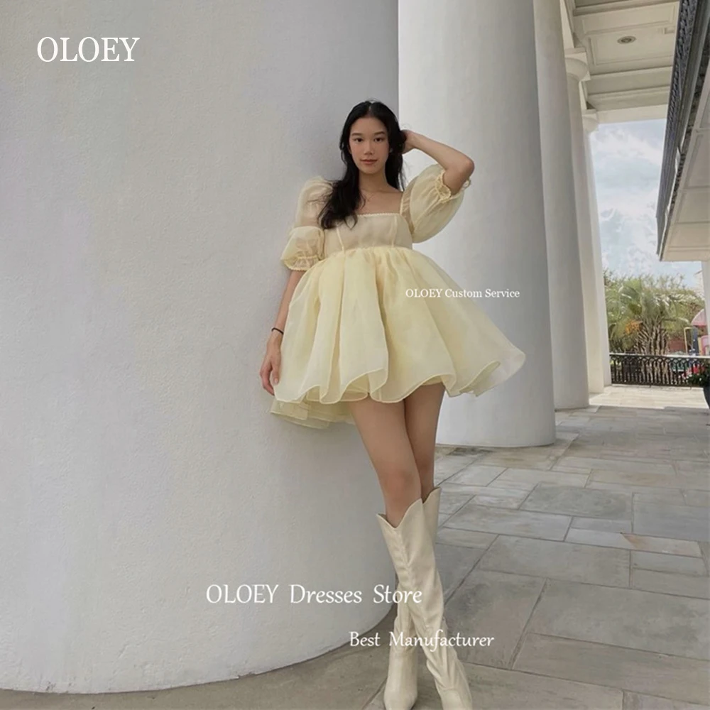 

OLOEY Princess A Line Short Prom Party Dresses Organza Puff Sleeves Empire Waist Pregnant Lady Cocktail Dress Formal Plus Size