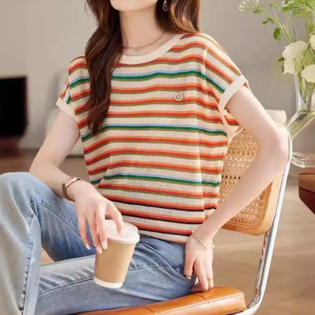 

Women's Rainbow Striped Crewneck T-shirt Short-Sleeved Shoulder Top Summer Style Thin High-End Ice Silk Knitted Fashion