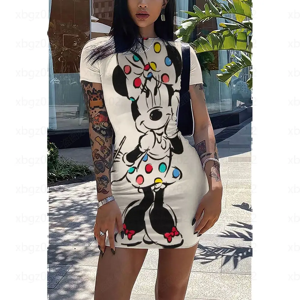 

Cartoon Women's Summer Dress Print High Quality Minnie Mouse Y2k Elegant Dresses for Women 2022 Sexy Top Tight Disney Casual