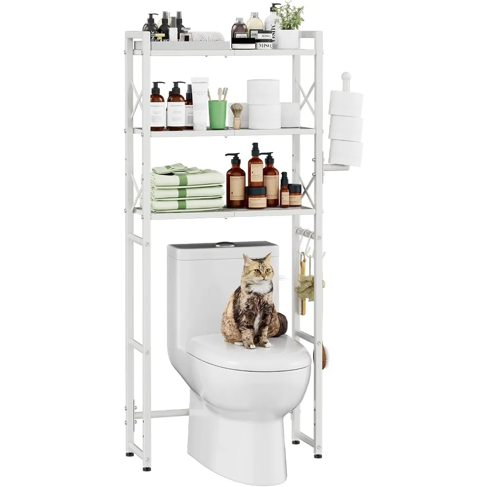 

Over The Toilet Storage Rack, Heavy Duty 3 Tier Organizer Shelf, Toilet Paper Holder, 3 Hooks, White