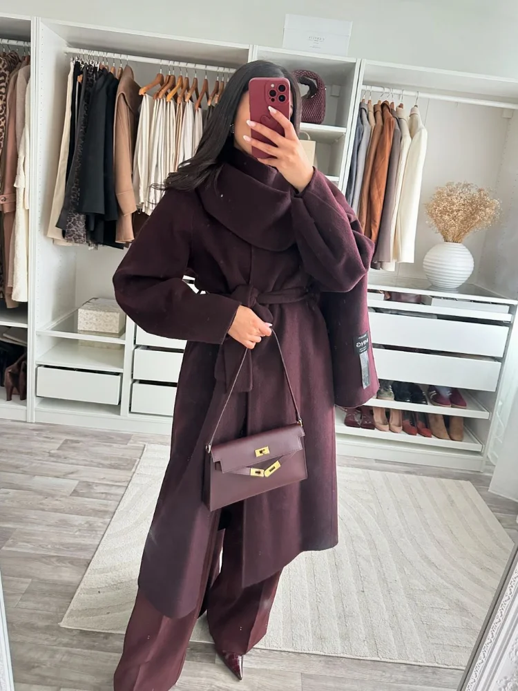 

Elegant Women's Burgundy Overcoat With Belt Scarf Collar Full Sleeve Female Long Coat 2024 Autumn Winter Lady Loose Streetwear