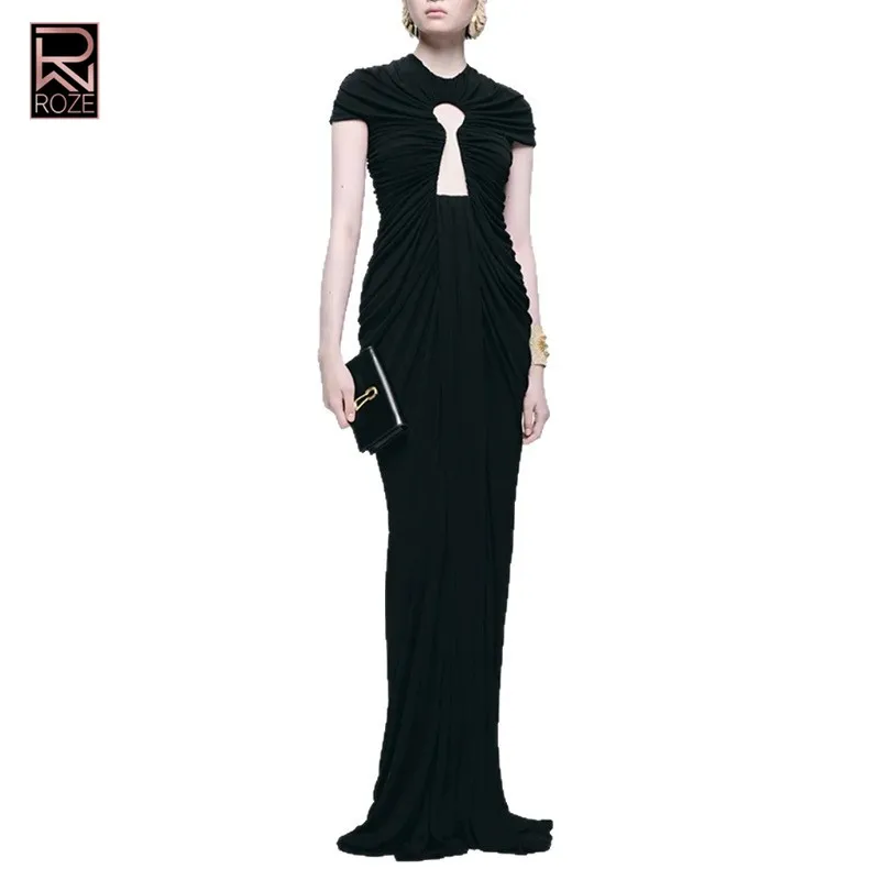 Vestido elegante de color liso con paneles transparentes y detalle de volantes - Vestido largo de manga corta con cuello redondo