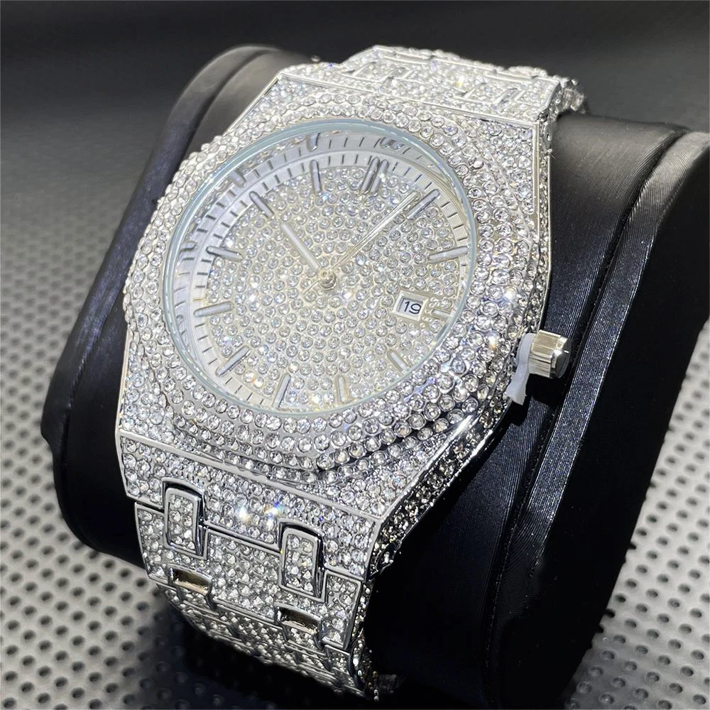 2024 MISSFOX Luxury Watches Men Fashion Automatic Date Quartz Clock Hip Hop Iced Out Diamond Jewelry WristWatch Man Reloj Hombre