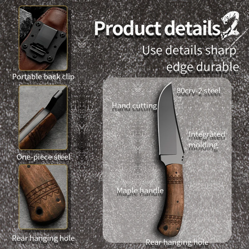 Sharp Blade Fixed Knife Stone Wash 80CRV2 Blade Safari Survival Tactics Outdoor Straight Knife Tools with Black Maple Handle