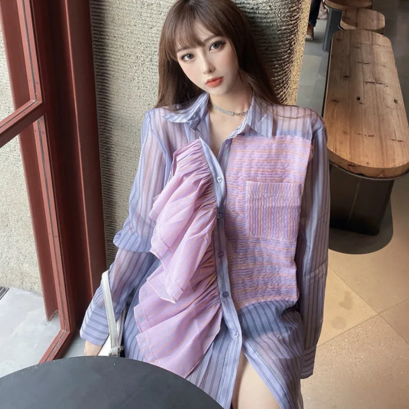 

Fairy Long-sleeved Chiffon Shirts Ruffles Blouses Female Autumn Loose Pleated Single-breasted Lotus Cardigan Crop Blusas Mujer