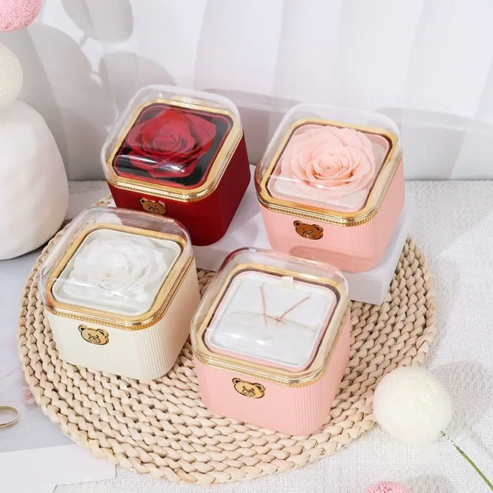 

Cute Flip Necklace Box Romantic Dustproof Rotating Rose Box Plastic Automatic Surprise Jewelry Storage Box Proposal Artifact