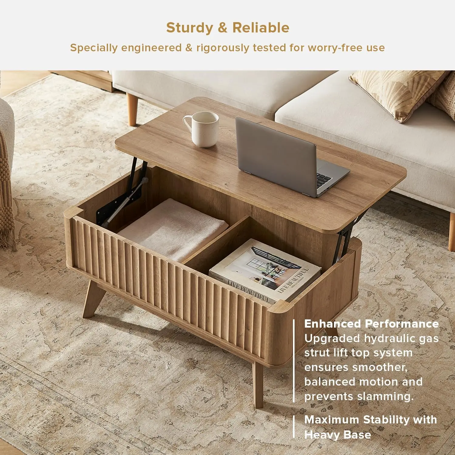 Brooklyn Lift Top Coffee Table, Modern Farmhouse Center Table with Hidden Storage, Oak Fluted Panel, Pull Up