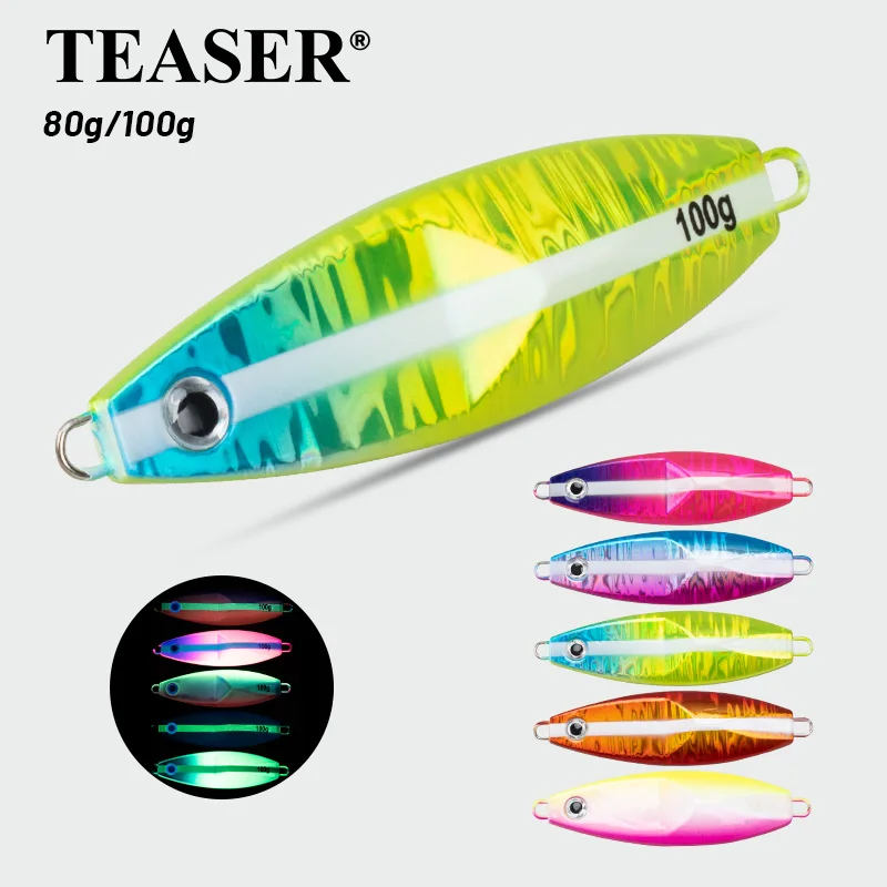 TEASER J124 80g/85mm 100g/90mm Langsam Metall Jigs Köder Glow Leuchtende Salzwasser sinkende Angeln Jig Lockt Langsam Pitch Jigging Köder