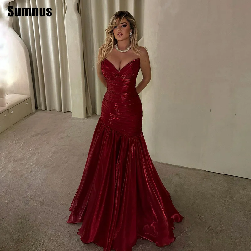 

Sumnus Elegant Mermaid Evening Dresses Red V-Neck Sleeveless Pleats Draped Formal Dresses فساتين سهرات Customized
