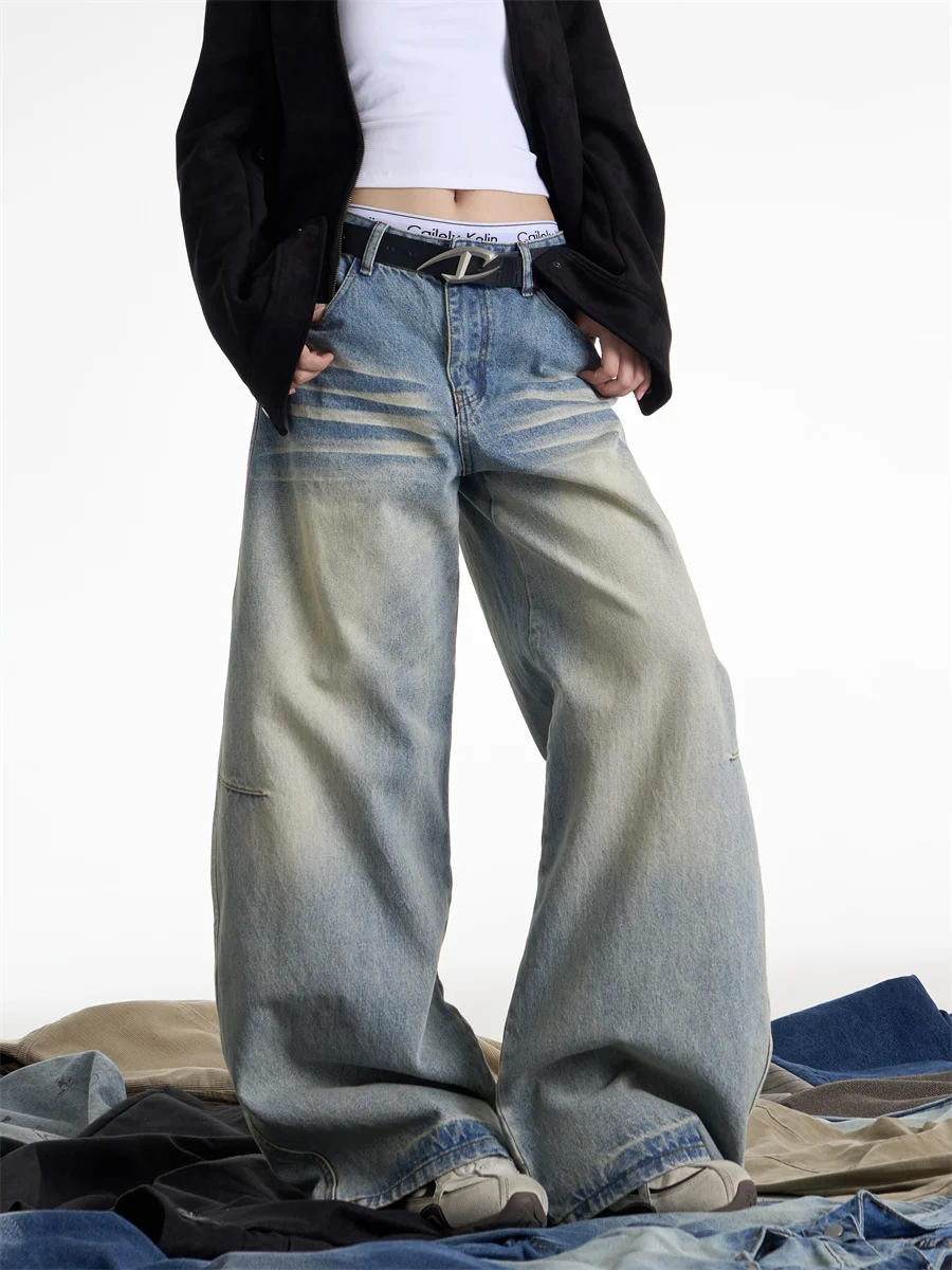 

Американские ретро джинсы с широкими штанинами, женские свободные прямые брюки длиной до пола, повседневные женские джинсовые брюки Ele