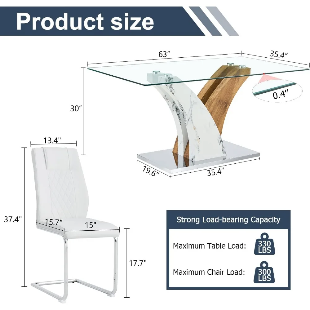 Ensemble de table à manger en verre avec pied de bricolage, table de cuisine avec 6 chaises blanches, dessus en verre du Guatemala, ensembles de table de salle à manger modernes