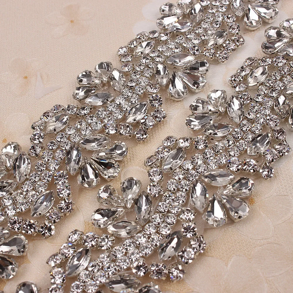 FZD 1 Yard Iron on Hotfix Beaded Sewing Bridal Wedding Dresses Rhinestone Crystal Applique Trim Sash Headbands Appliques Crystal