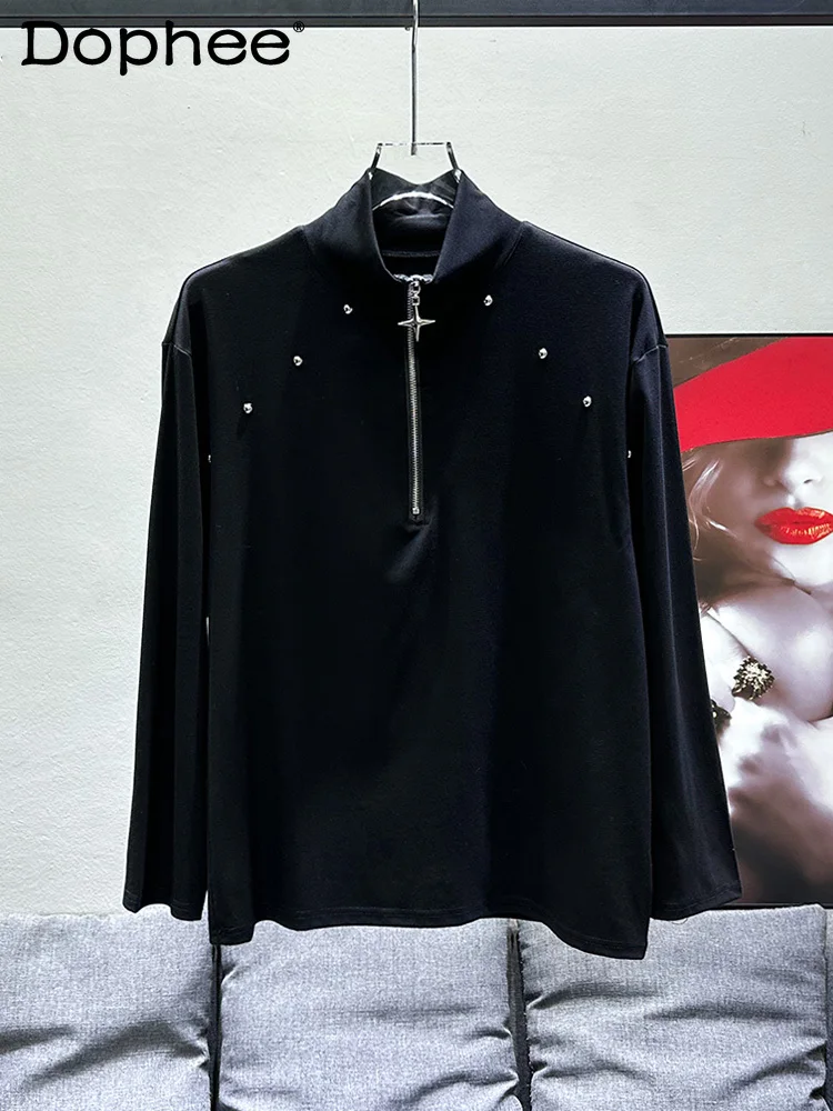 

Fashion Half Turtleneck Bottomming Shirts Metal Decoration Inner Wear Blouse Long Sleeve Men's New Trendy Handsome Tops