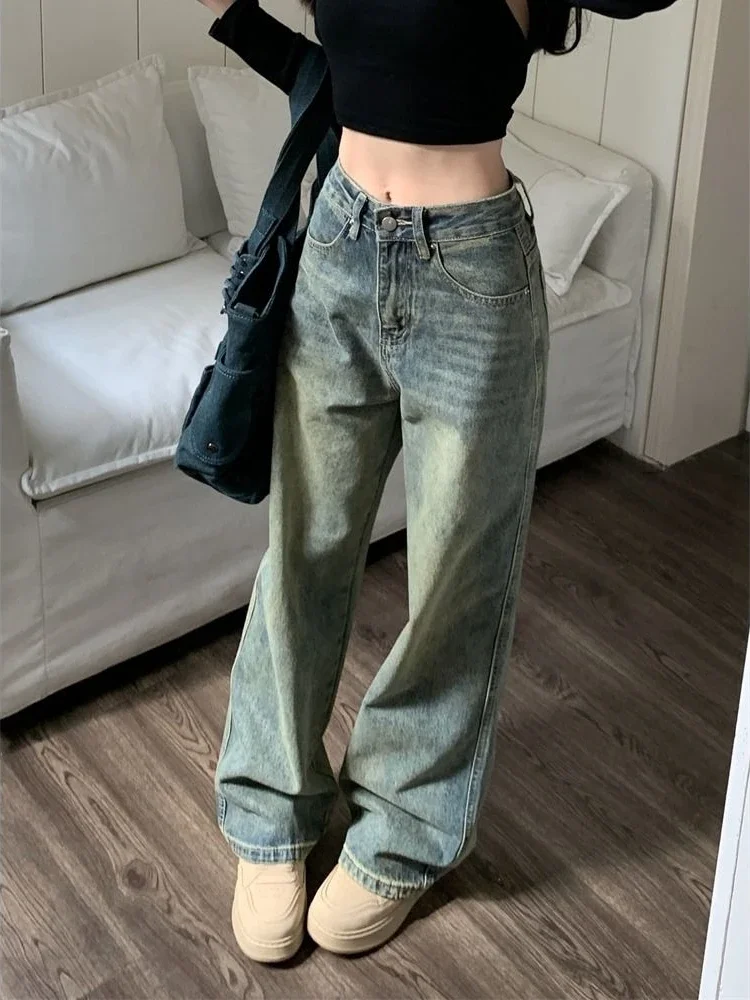 

QWEEK Y2k Baggy Wide Leg Jeans Women Vintage Streetwear Washed Denim Pants Grunge Basic Slouchy Blue Trousers Femme Spring New