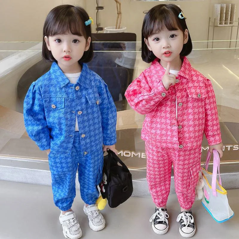 

Girls Suit Coat+Pants Cotton 2Pcs/Sets 2022 Houndstooth Spring Autumn Outfits Sports Sets Kid Tracksuit Uniforms Children Clothi