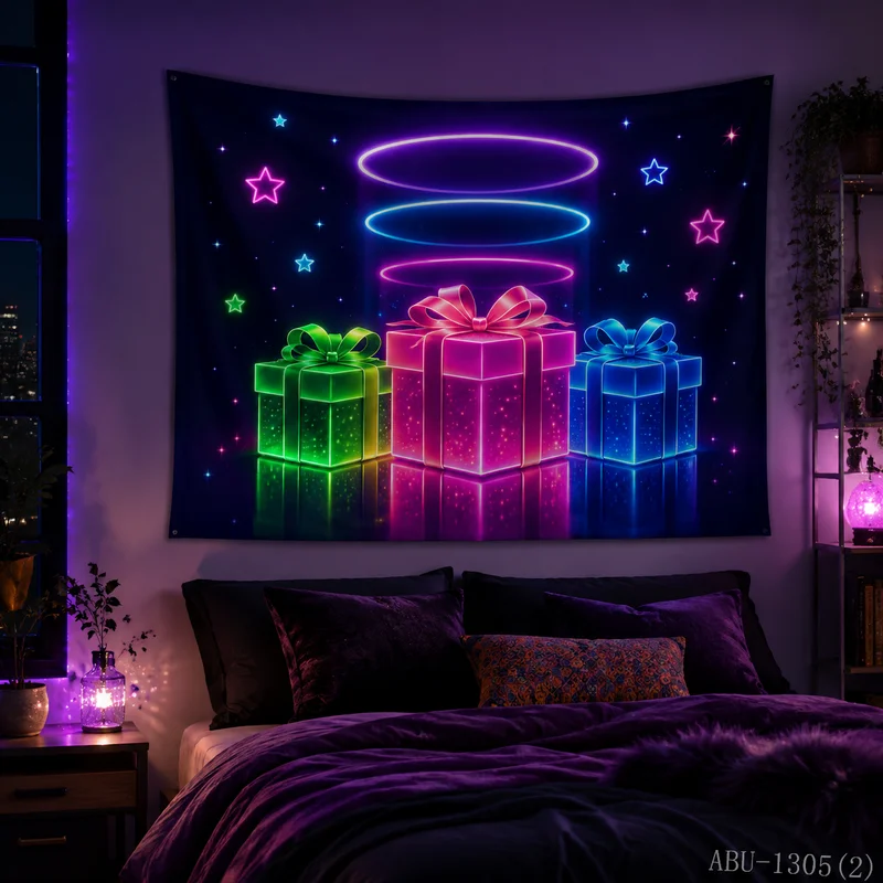 VIKAMA Cyber Pixel Santa Claus Gift Box Starry Sky Christmas Tapestry Wall Hanging Decor for Living Room