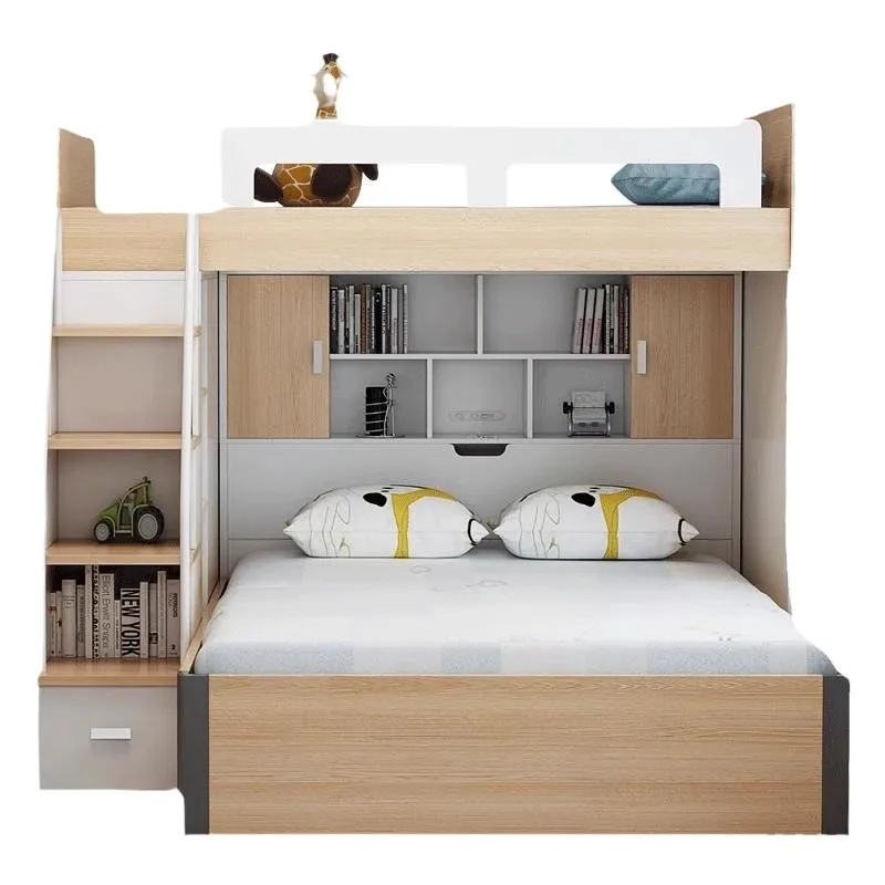 

High box bed Children's multi-functional 2.1-meter combination bed Double-layer simple high and low bed Storage with wardrobe