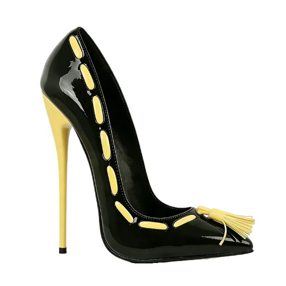 

Sexy Tassel Sewing 16cm High Heels,Women Pumps,Patent Leather Spring Party Shoes,Pointed Toe,Slip On,Size 46,Yellow,Custom Color