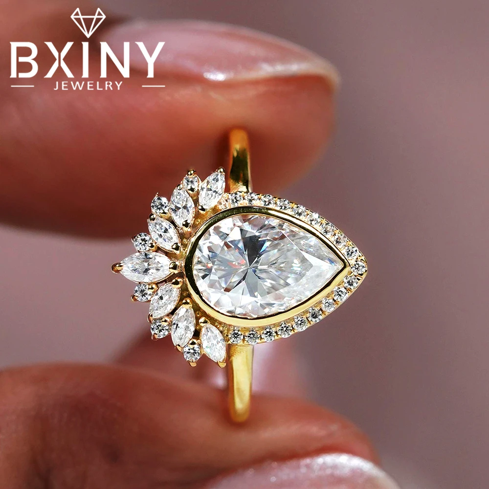

BXINY Pear Cut All Moissanite Ring 925 Sterling Silver Plated 18K Gold Bezel Set Halo Diamond Wedding Band Fine Jewelry Gift GRA