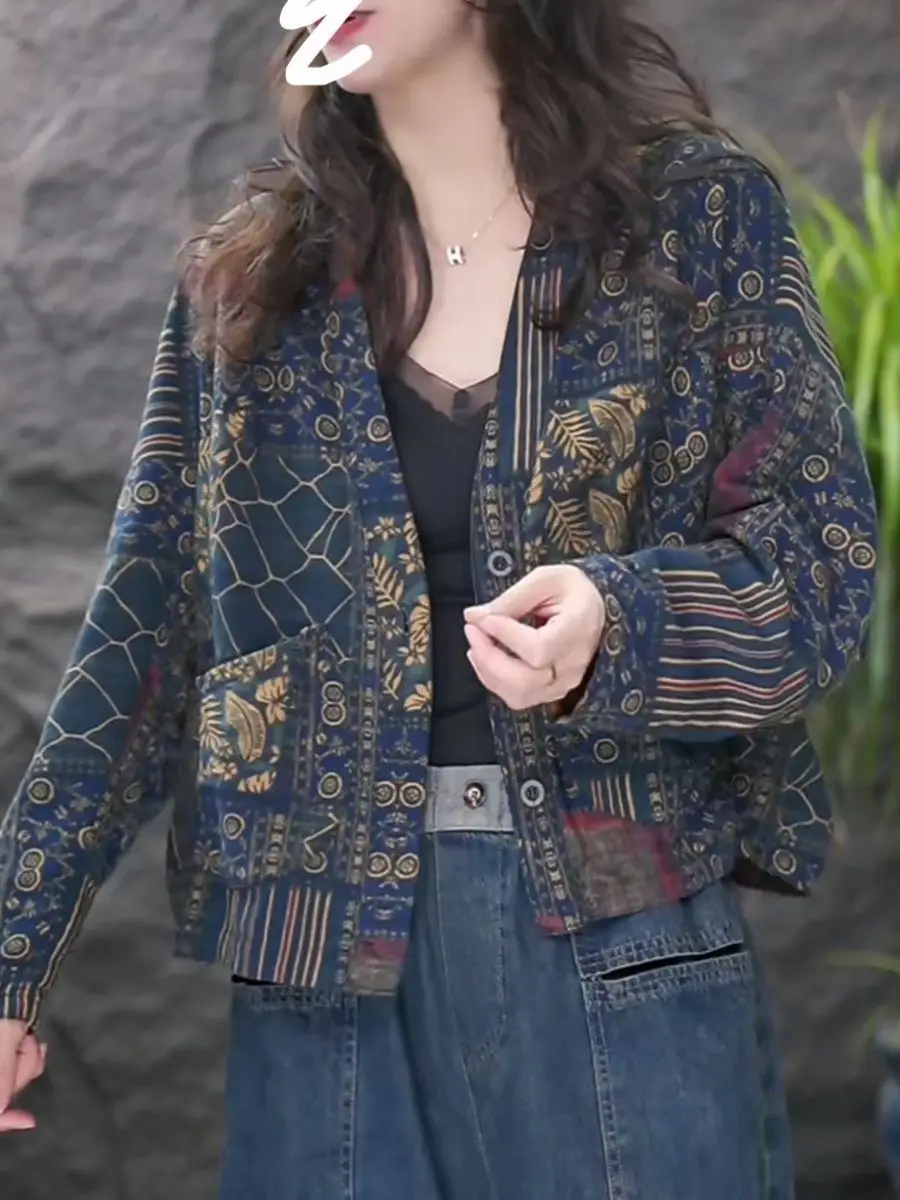 

Double-Sided Wear Loose Fashion Long Sleeve Short Coat Cardigan Mom's Artistic Ethnic Style Top Warm V-Neck Polyester Fiber