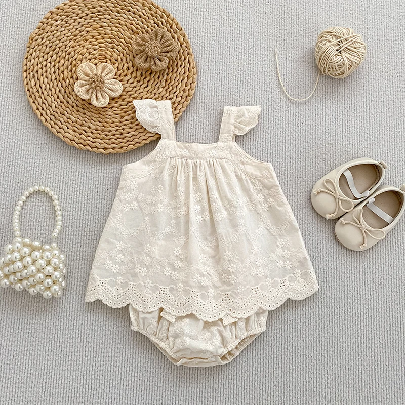 2026 Sommer-Träger-Set für Kinder 0-24M: Besticktes Gitter-Träger-Top + Shorts, Zweiteiliges Süßes Baby-Mädchen-Kleidungsset, Babykleidung – Detail 3