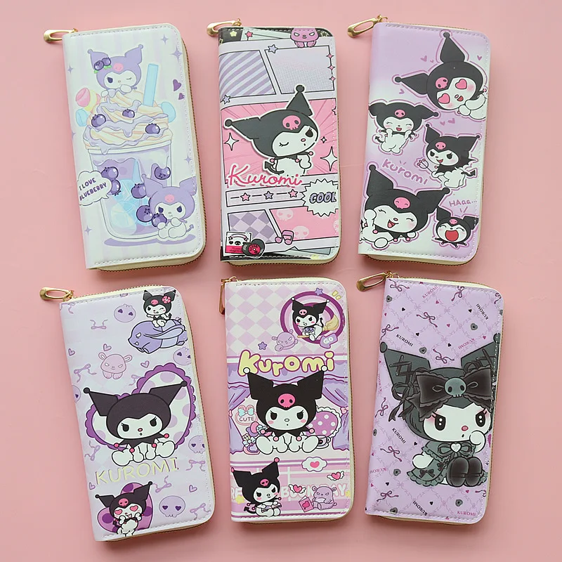 

Длинные кошельки Sanrio Kawaii Kuromi, вместительный мультяшный милый мультяшный держатель для карт, сумка для монет, кошелек из искусственной кожи на молнии для женщин