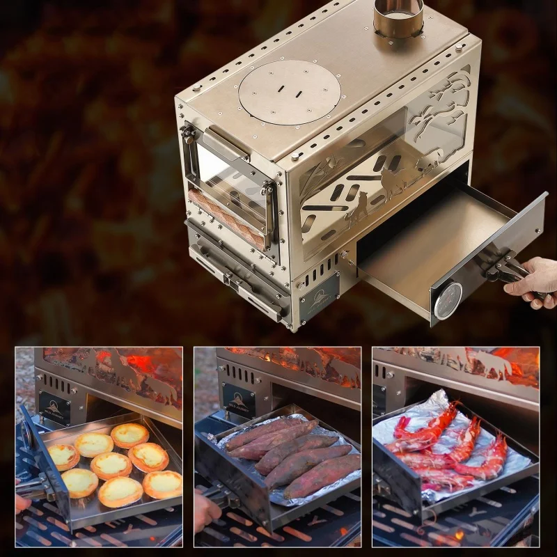 Firewood Stove Wood Heater Brazier Stainless Steel Tent Pellet Stove Outdoor Camping Stove Tent Heating Drawer Oven with Chimney