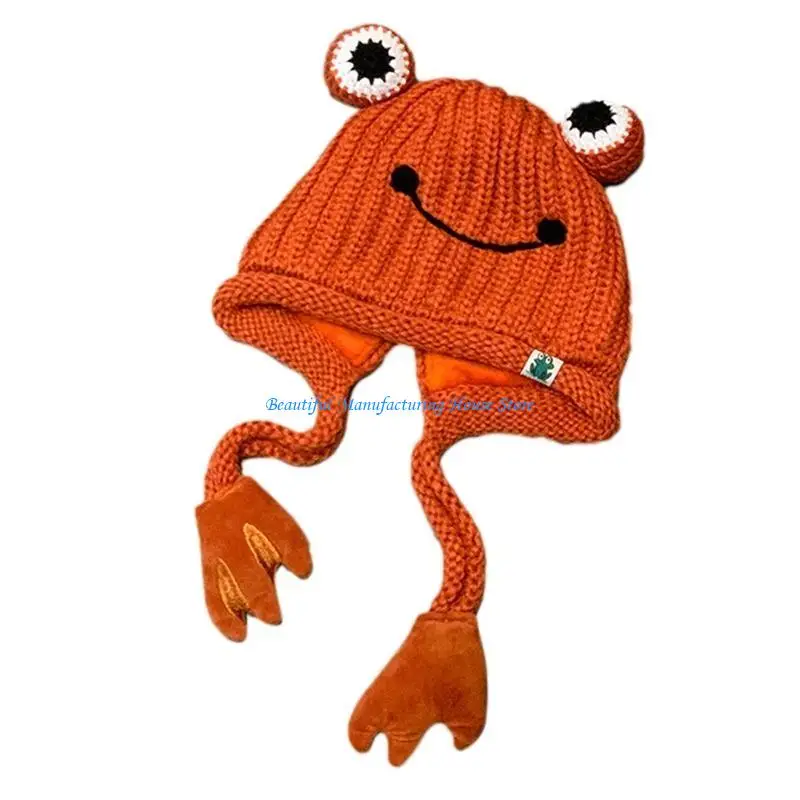 

E56A for Frog Knitted Hat with for Frog Paws Cold Hat Ear for Protection Gift fo