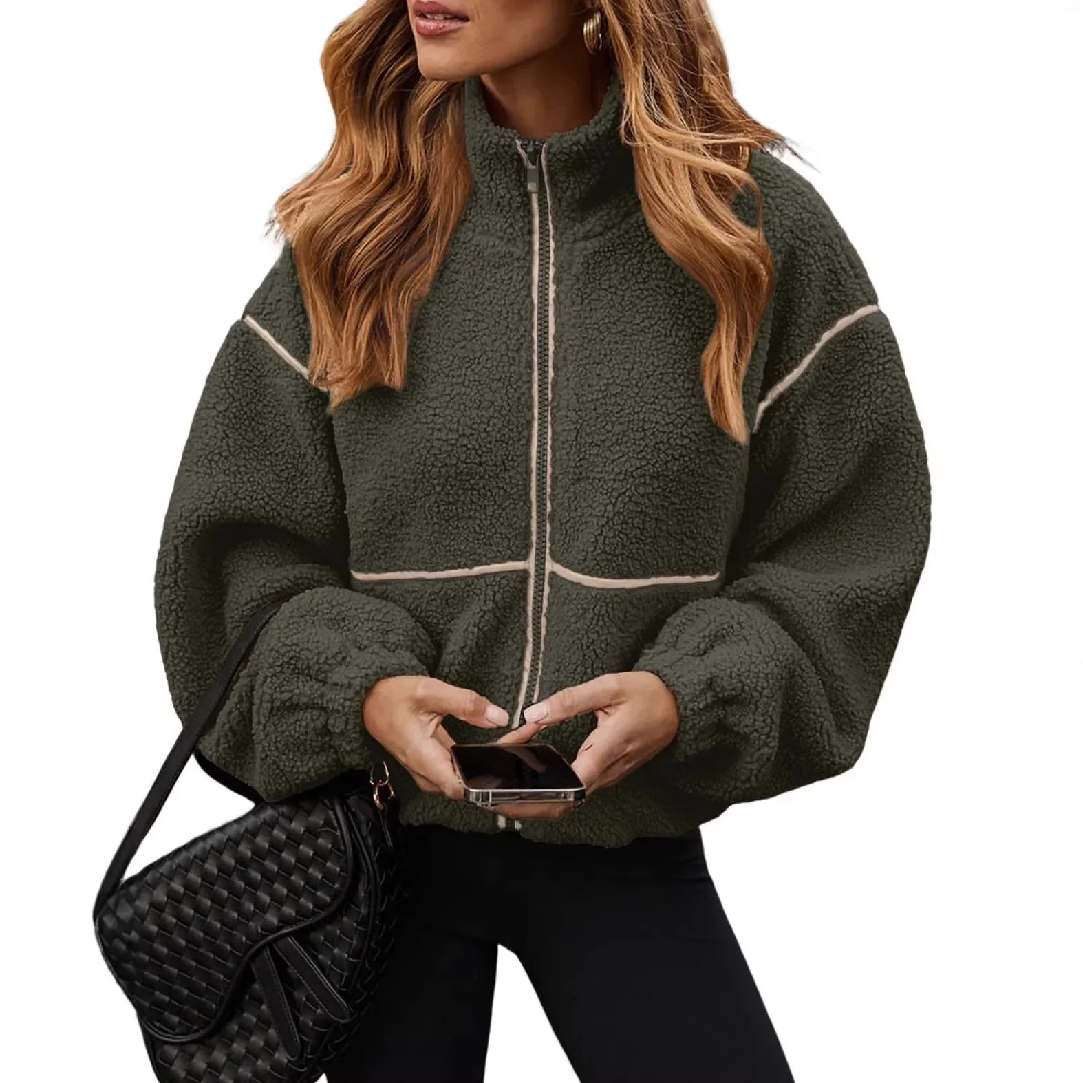 Loose Fit Zipper Coat Regular Length Japanese Korean Casual with Long Sleeve Patchwork Detail Wrinkle Finish Winter Women Jacket