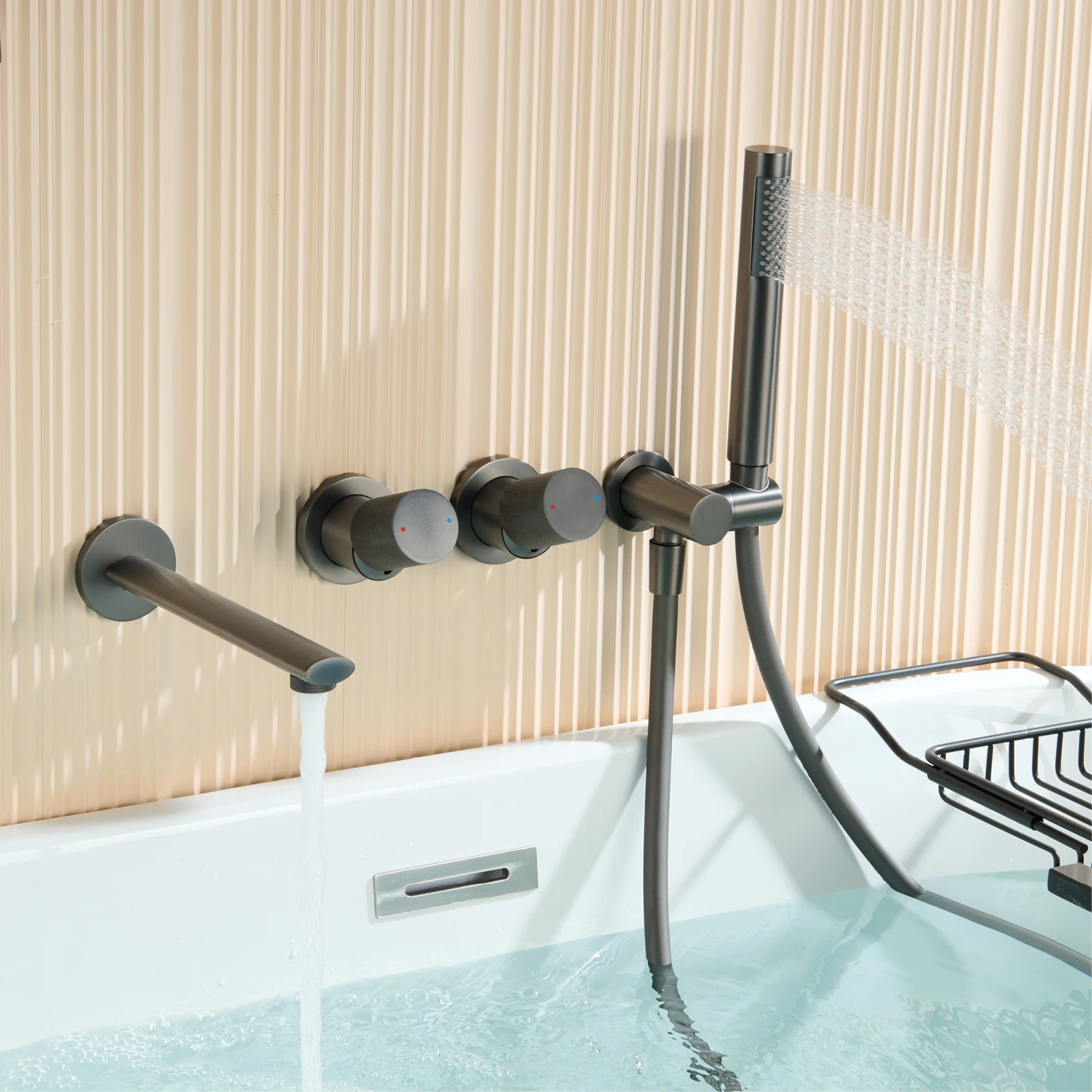 AITANA Minimalist Gunmetal Brass Wall Mounted Bathtub Faucet - Dual Handle Hot & Cold Water Embedded 2-Function Bathroom Mixer