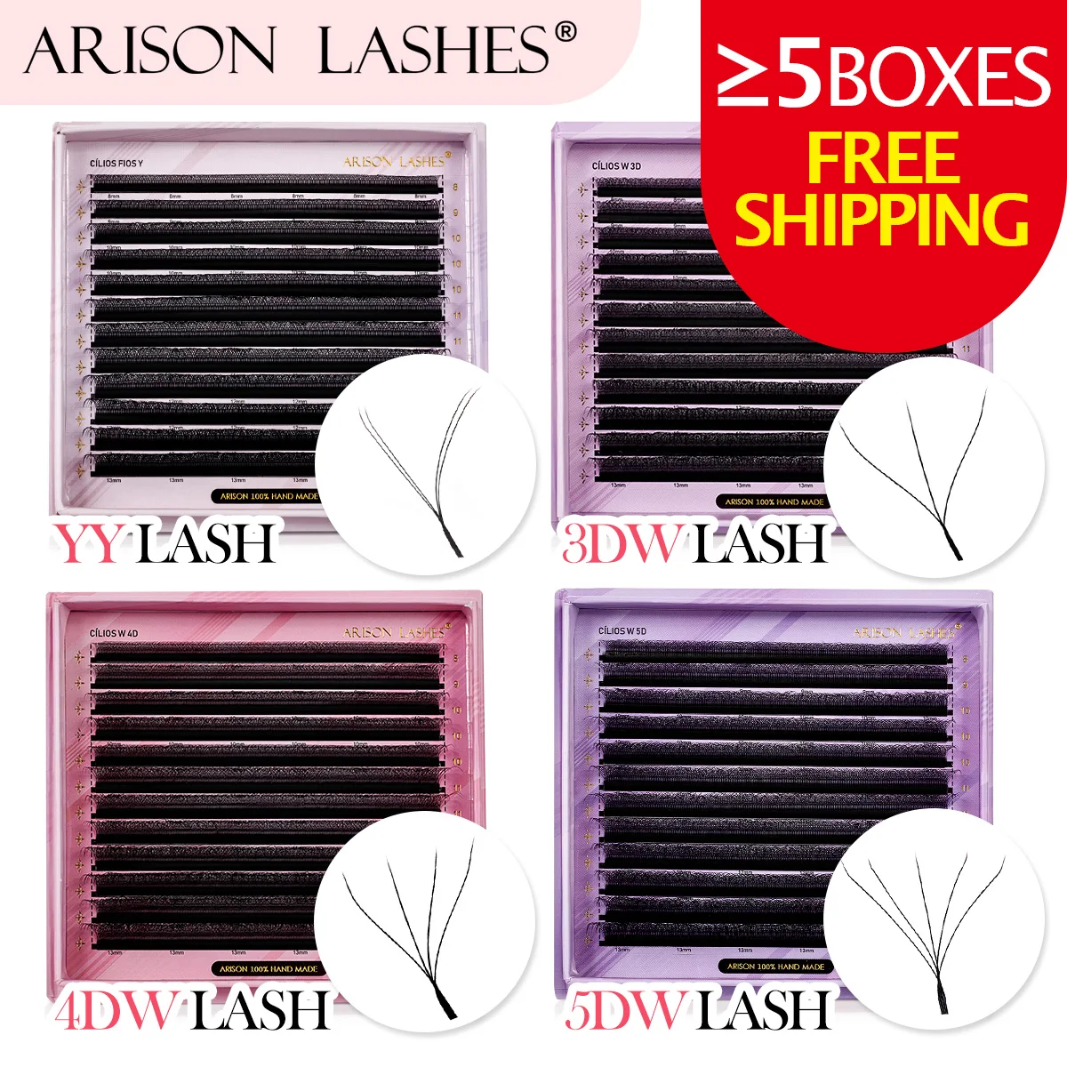 ARISON Plus 2 in 1 YY/3D/4D/5D W Lashes Magnetic Carton Premade Volume Fans Eyelashes Extension YY W-shape Eye Lashes For Whole