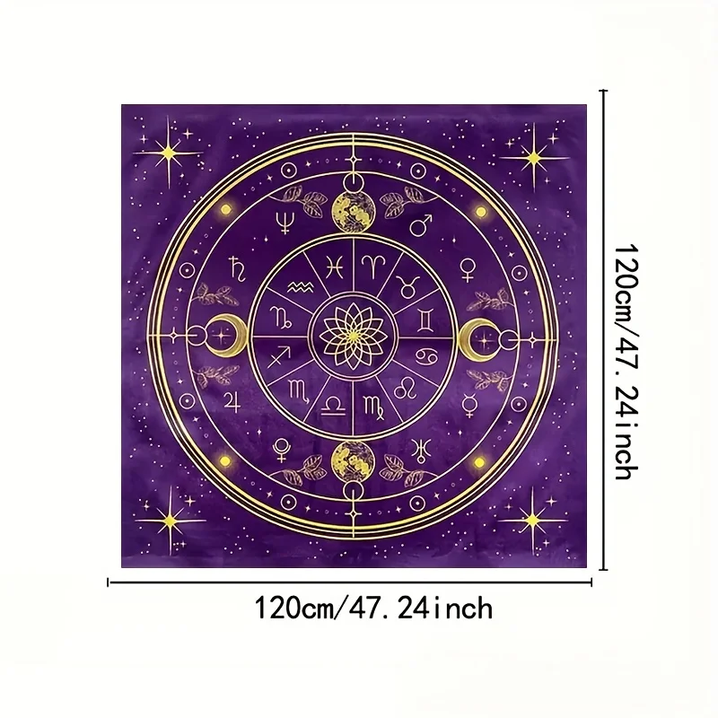 1pc Mystical Zodiac Altar Cloth, Deep Purple with Golden Celestial Symbols, Intricate Design, Durable Party Table Decor
