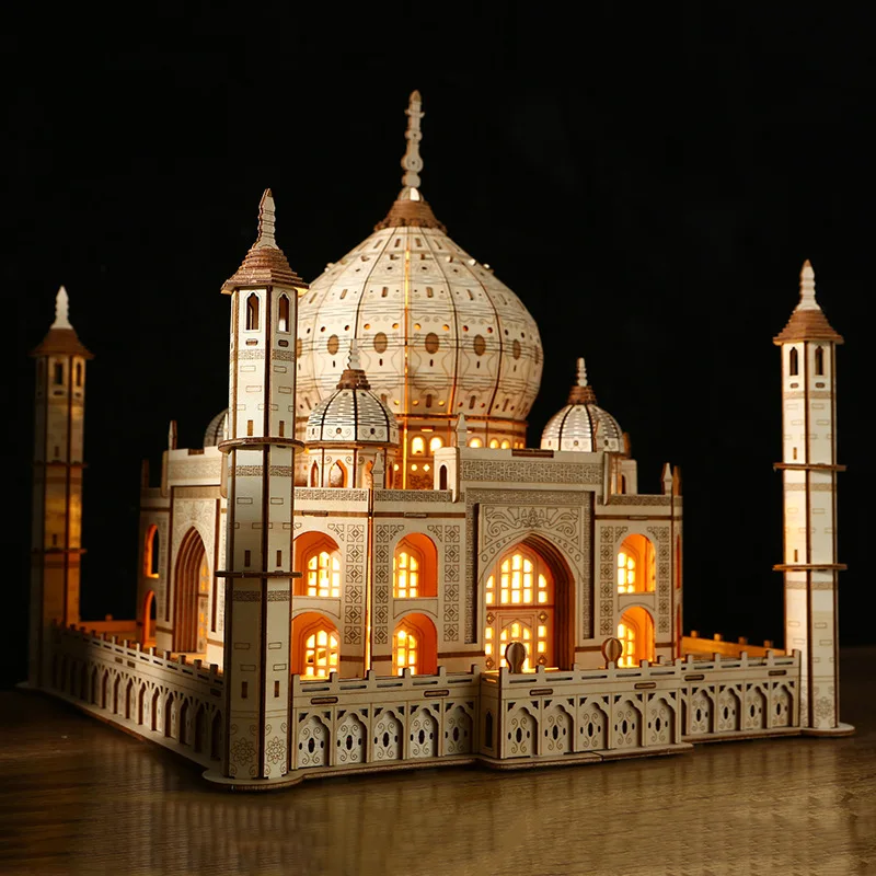 3D Wooden Jigsaw Puzzle Lighting Design Three-dimensional Model Taj Mahal Castle Children's Educational Building Toys P616