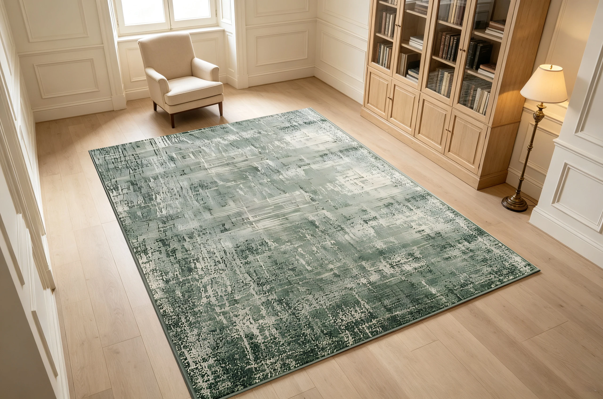 Gray‑Green Abstract Vintage Area Rug, Muted Faded Texture, for Autumn Winter Home Refresh, Decor for Living Room, Bedroom