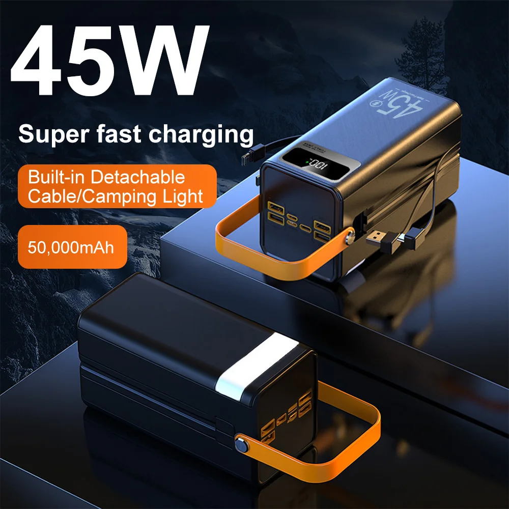 Batterie externe portable 50000mAh pour le camping, charge super rapide 45W avec câbles intégrés et lumière LED