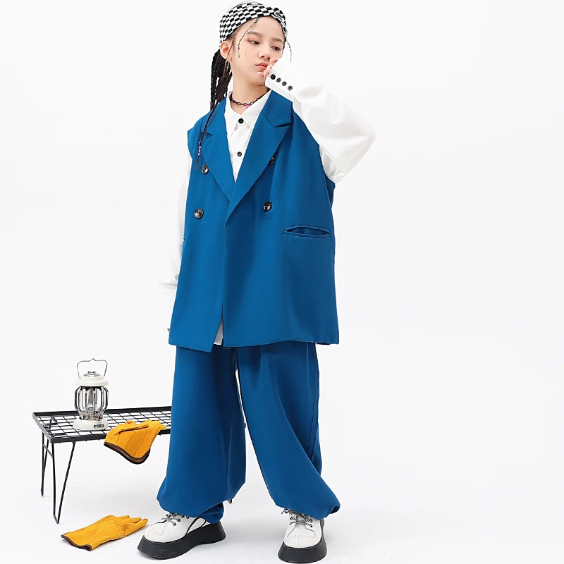 Kids Hip Hop Clothing Blue Sleeveless Blazer Jacket Tops Street Outfits Baggy Pants for Girl Boy Jazz Dance Costume Clothes Suit