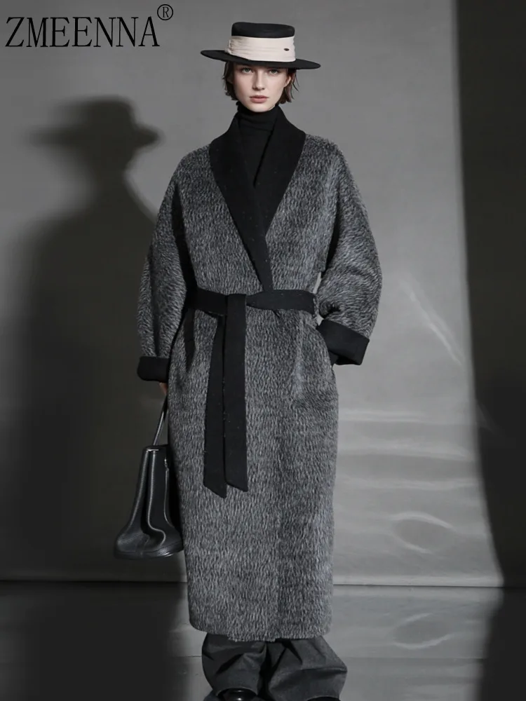 

ZMEENNA женское темно-серое нечеткие длинное пальто, черная шаль с лацканами и поясом, теплая зимняя верхняя одежда, пальто ZM4629