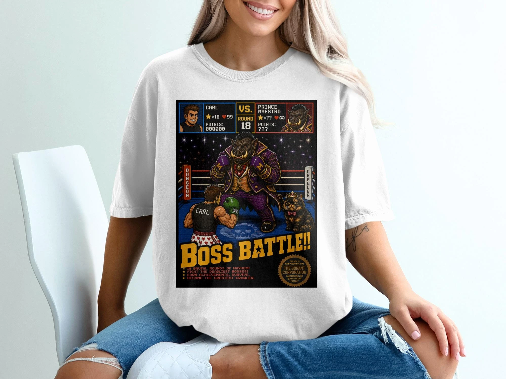 Dungeon Crawler Carl Boss Battle Shirt Retro Gaming T-Shirt Schwarzes lässiges T-Shirt mit Rundhalsausschnitt – Detail 7
