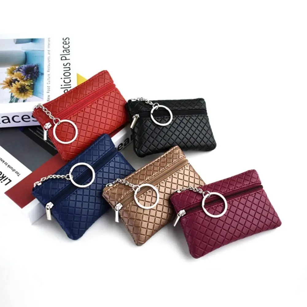 Vintage PU Leather Women Wallet Solid Color Plaid Coin Purse Key Earphone Storage Mini Zipper Storage Bag
