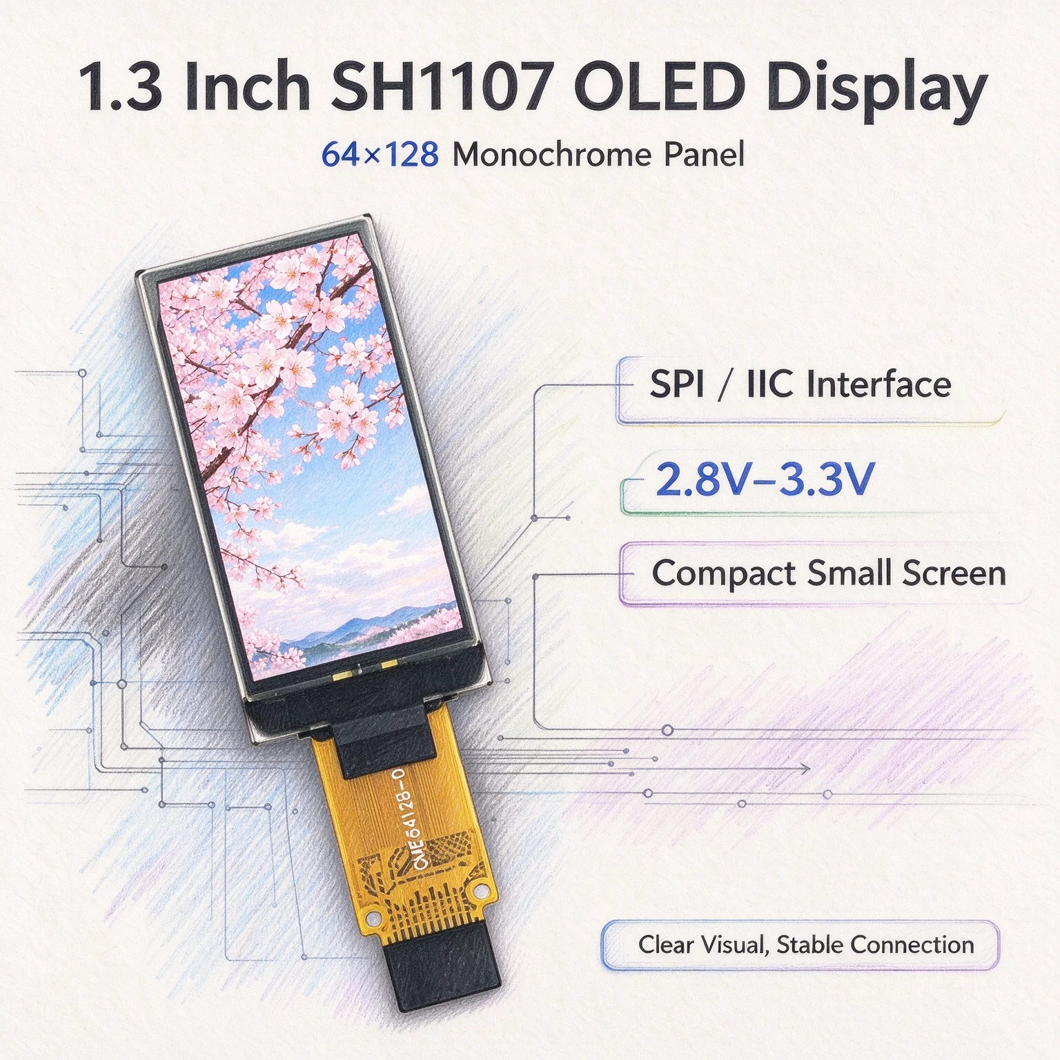 1.3 Inch SH1107 OLED Display Screen 64*128 Monochrome Panel SPI IIC Interface 2.8V-3.3V 1.3'' Small Screen