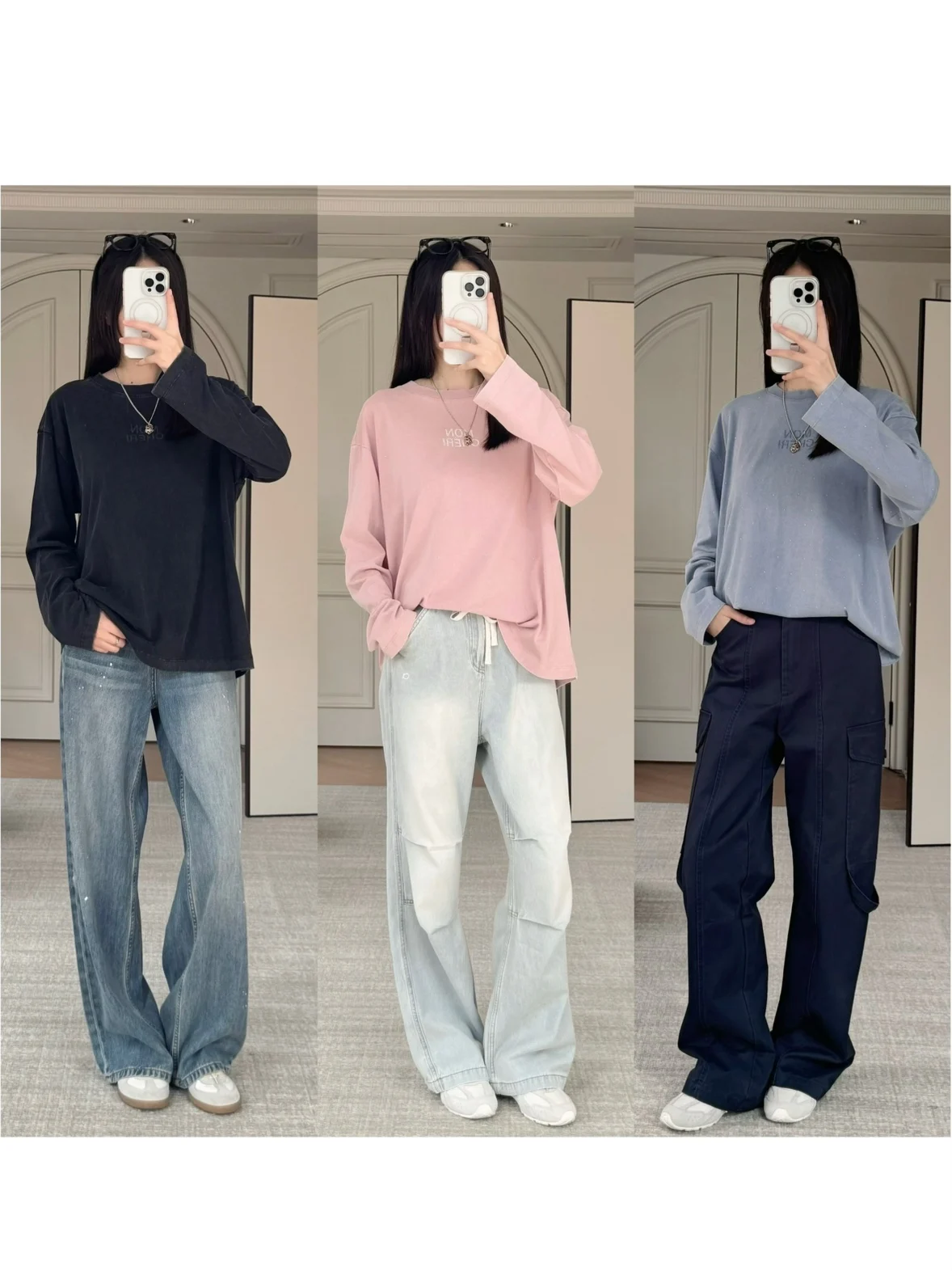 

Ретро-футболка с длинным рукавом, принтом-надписью и стразами, свободного кроя, из премиального чесаного хлопка, женская, модная, осенняя, с круглым вырезом