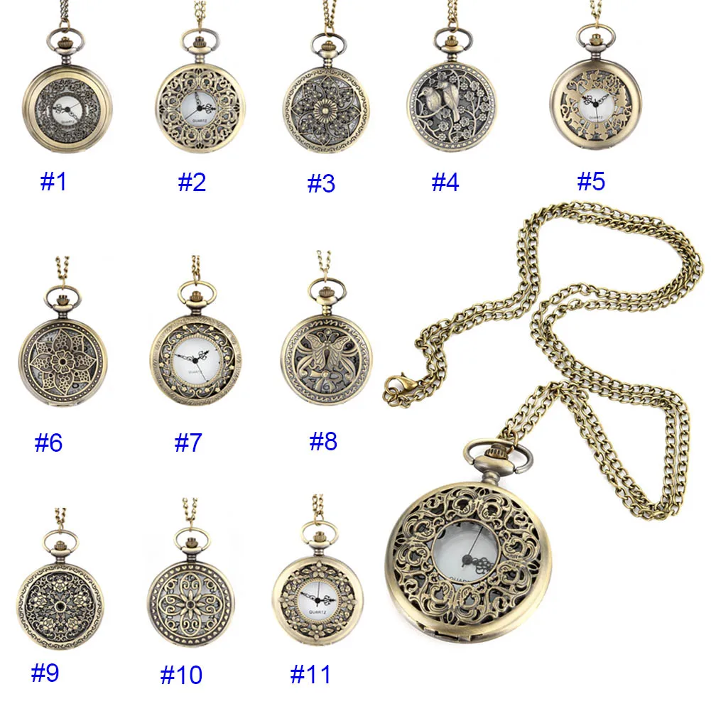 Vintage Steampunk Hollow Flower Quartz Pocket Watch Necklace Pendant Chain Clock Gif